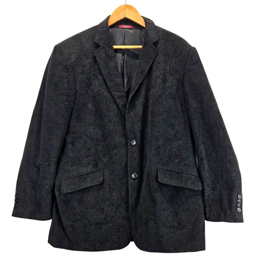 Adolfo Mens Corduroy Sport Coat Black Paisley Blazer 44R Tailored Lined Cotton